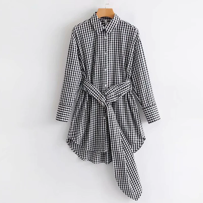 Women's Clothing Dress 2019 Lapel Single-Breasted Belt Plaid Shirt Dress Ms Summer Street Leisure Slim Fit Temperament Clothing