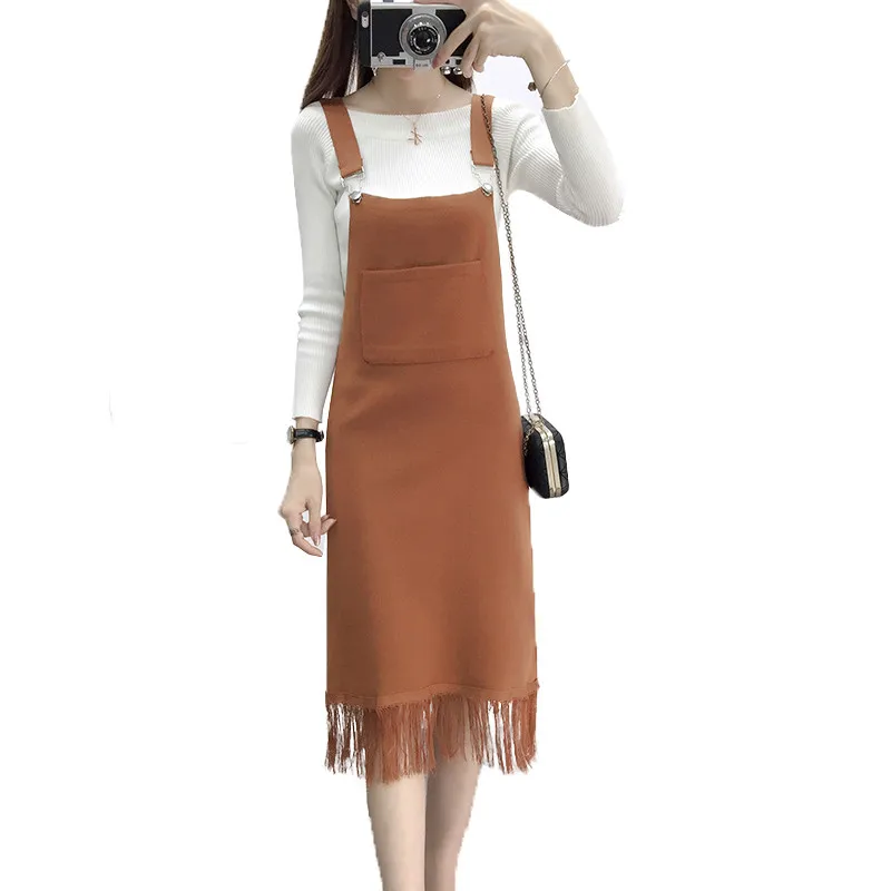 

2018 New Autumn Winter Ladies Sleeveless Knitted Dress Women Pockets Tassel Sweater Dresses Students Tank Dress Vestidos AB1089