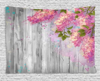 

Flower Tapestry by Floral Decor Watercolor Style Effect Branches of Lilac on Wooden Background Print Wall Hanging for Room