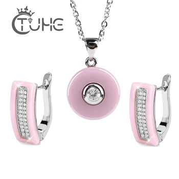 

2018 Hot Sale Pink Colors Crystal Pendant Necklace Earrings Set Comefor fit Ceramic Elegant Jewelry Set Women Valentine Gifts