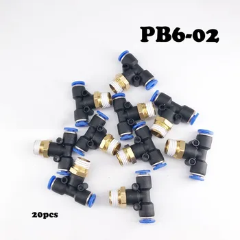 

20Pcs/Lot PB6-02 push in pneumatic fittings Pneumatic Fittings tube 6mm thread 1/4" T-Type Equal Pass