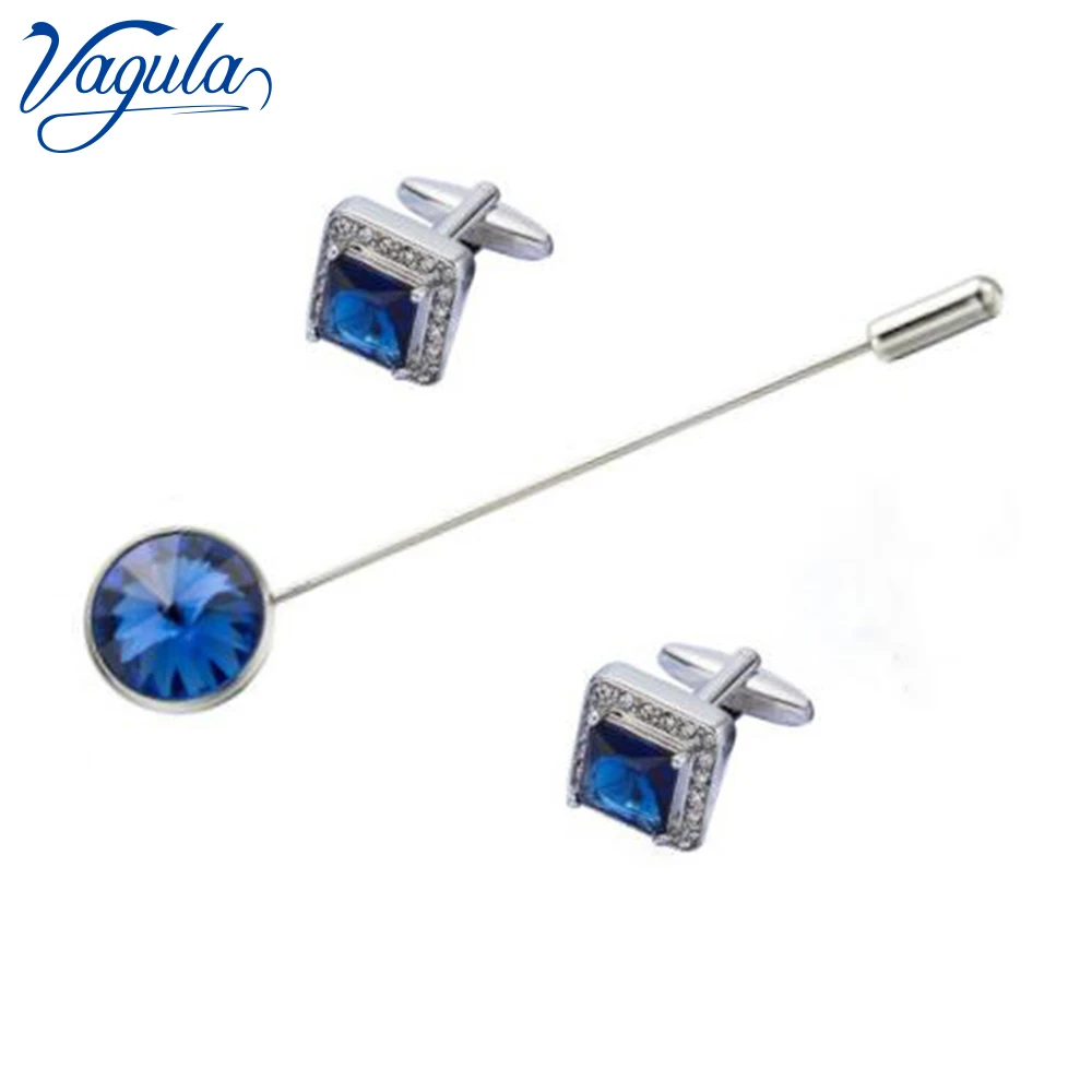 

VAGULA Brooch Cufflinks 3PCS Set Blue Crystal Gift Pin Business Uniform Pin Men Jewelry Spinki Gemelos 11