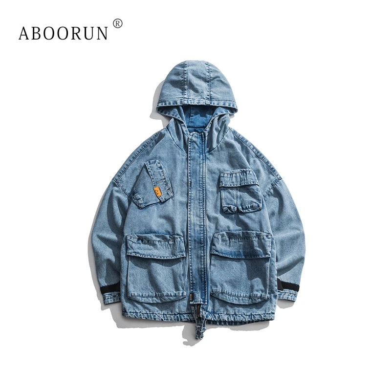 

ABOORUN Men's Loose Denim Cargo Jackets Multi Pockets Printed Jeans Jackets Hip Hop Autumn Coat for Male Y3042