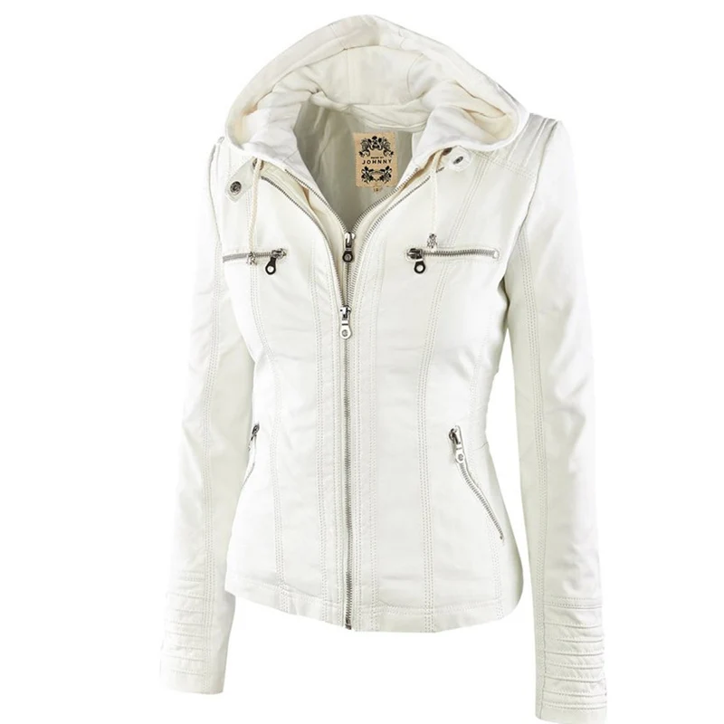 Модная зимняя куртка из искусственной кожи Женские базовые куртки с капюшоном черная приталенная мотоциклетная куртка женские пальто Женская XS-7XL 50 - Цвет: White