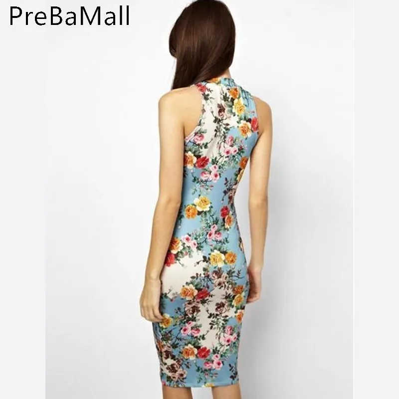 Chinese Style Summer Dress women Stand Neck Vintage Print Bodycon Dress Elegant Sleeveless Party Dresses C200