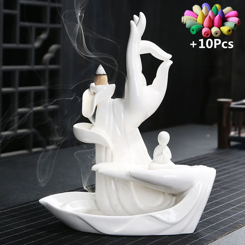 Подарок 10 конусов белая керамическая курильница с Буддой курильница для благовоний горелка лотоса подставка для ароматических палочек - Цвет: W-Monk with 10cones