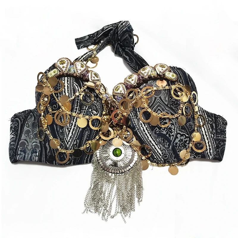 

2018 New Tribal Bellydance Clothing Coin Antique Gold Metallic Chain Tassels C/D CUP Vintage Gypsy Belly Dance Coins Bra