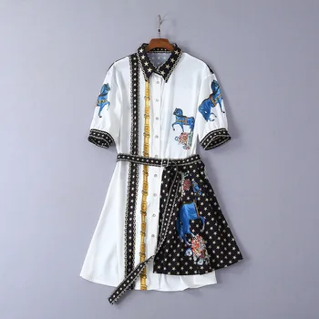 

European and American women's clothing 2019 new summer Five-quarter sleeve lapels Two-piece dress with star horse print
