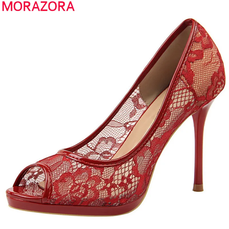 

MORAZORA 2019 hot sale women pumps open toe elegant thin high heels shoes shallow lace single shoes party wedding shoes woman