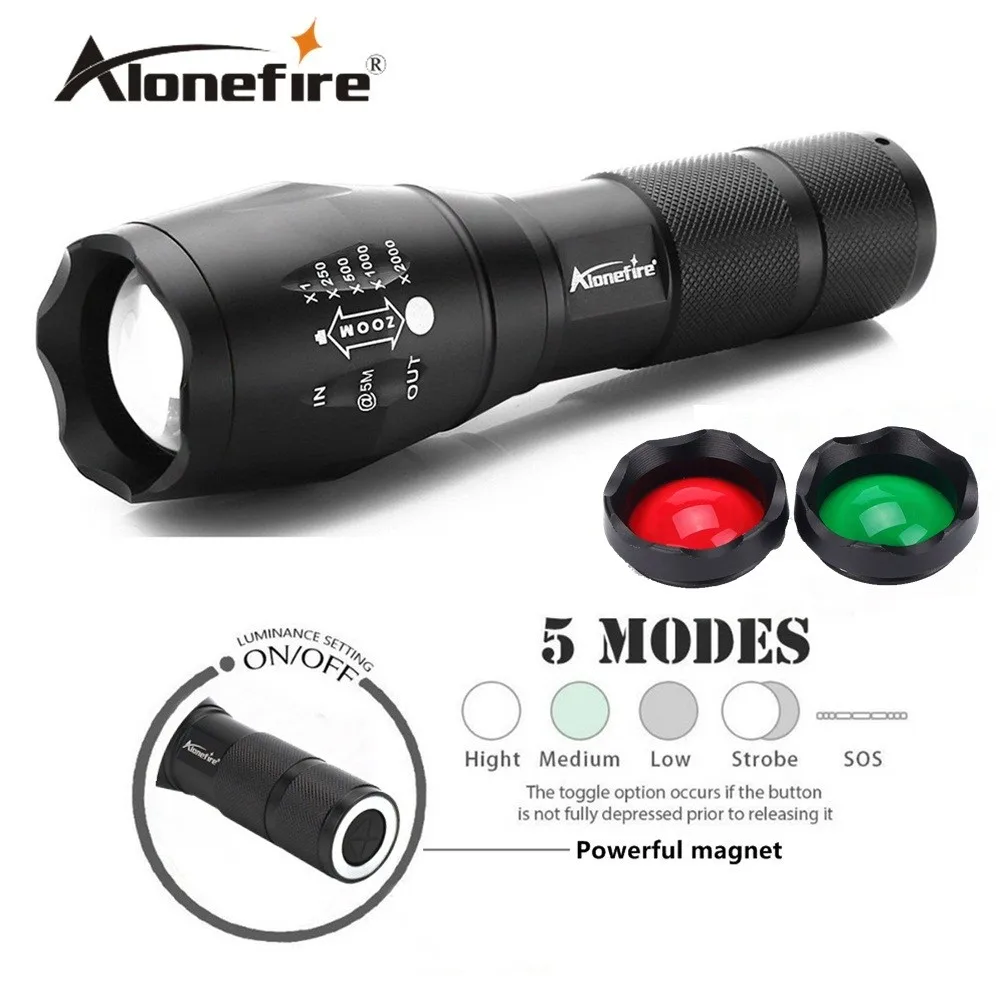 Тактический светодиодный фонарь AloneFire Cree Xml T6, охотничий Фонарь E17, G700-N, фонарь с зумом, красный, зеленый, линза, прожектор, аккумулятор 18650