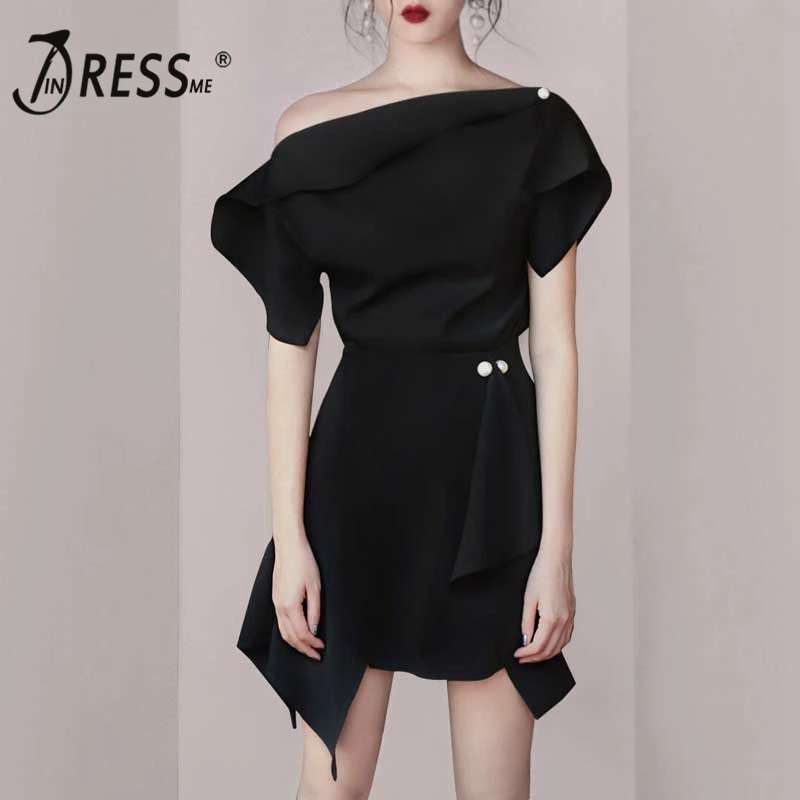 

INDRESSME 2019 New Women Asymmetrical Bustline Off the Shoulder Pearl Button Bodycon Mini Dress Lady Clubwear Vestidos
