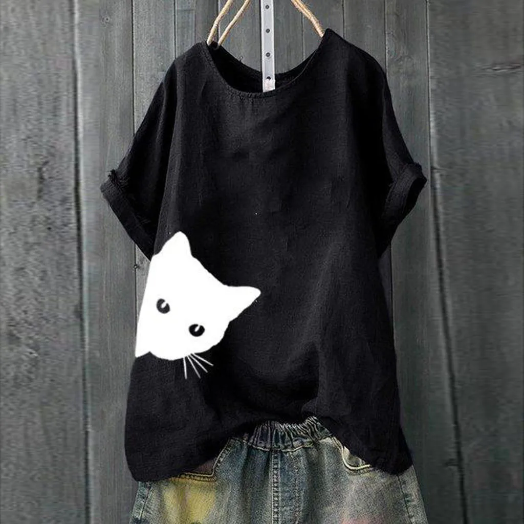 

Women Casual Plus Size O-Neck T-shirts Cat Print Loose Linen Button Tunic Shirt Tops Tees Casual S-4XL