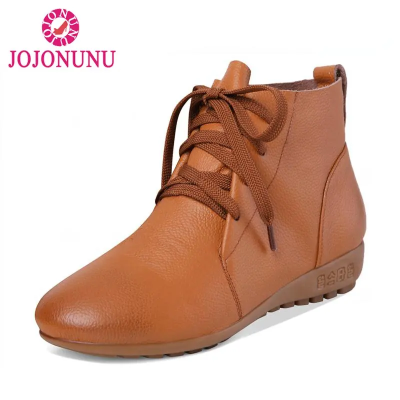 

JOJONUNU Women Ankle Boots Genuine Leather Warm Fur Motorcycle Short Boots Fashion Vintage Office Ladies Flats Shoes Size 34-44