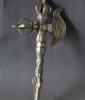 

decoration bronze factory outlets Tibet Silver 12"china tibet buddhism silver Vajra Dorje Dagger Ax Phurpa Dragon statue