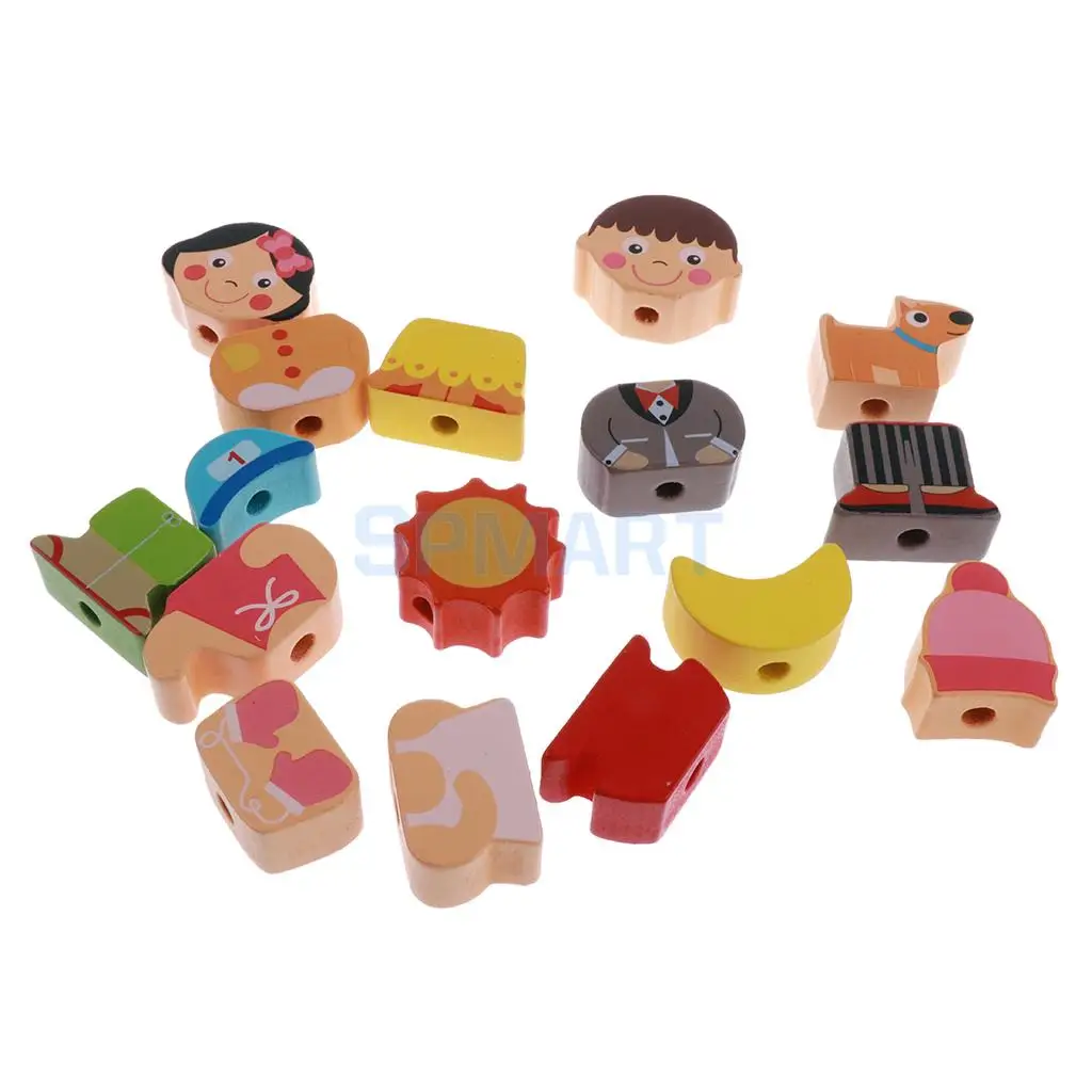 Wooden Cartoon Threading Beads Lacing Game Kids Preschool Edutional Toys - People/City/Farm
