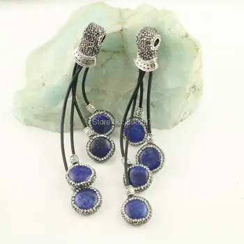 

5Pcs Charm lapis lazuli Stone with Pave Crystal Rhinestone Leather Tassel Pendant, For Jewelry Making