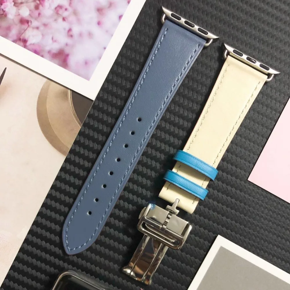 Кожаный ремешок для Apple Watch 4, 3, 2, 1, застежка-Пряжка, браслет для Iwatch 40 мм, 42 мм, 38 мм, 44 мм, ремень для одного тура - Цвет ремешка: White sky blue