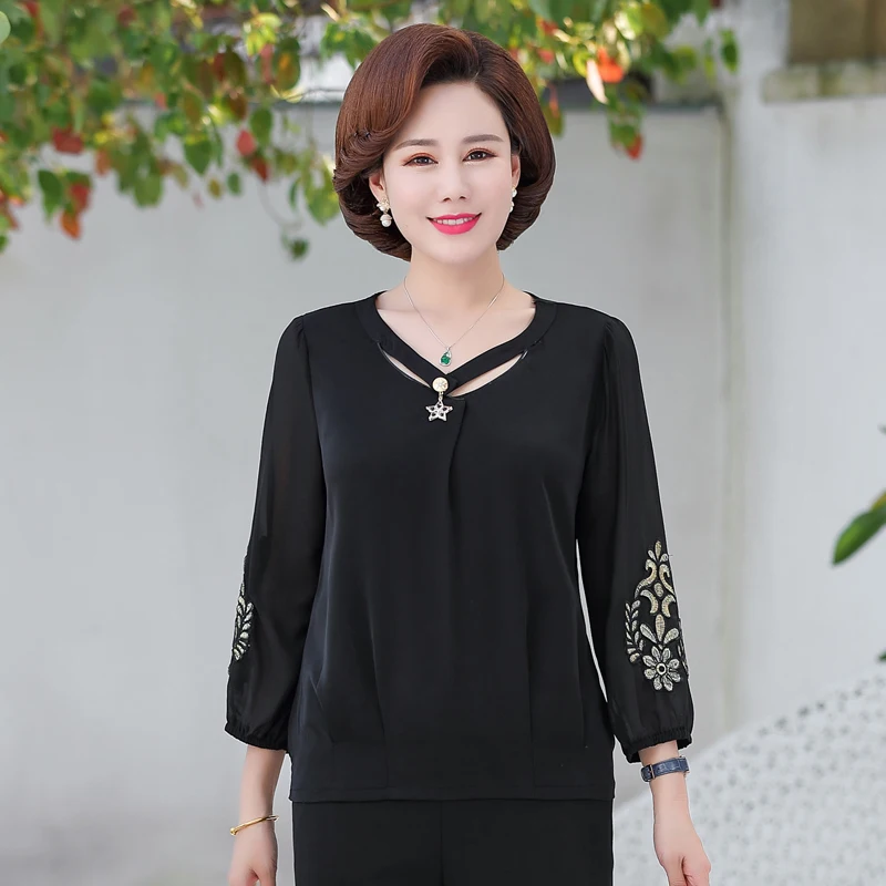 Summer Woman Chic Chiffon Blouses Beige White Round Collar Floral Three Quarter Sleeve Crepe Tops Female Casual Tunic Shirts 4XL Summer Woman Chic Chiffon Blouses Beige White Round Collar Floral Three Quarter Sleeve Crepe Tops Female Casual Tunic Shirts 4XL