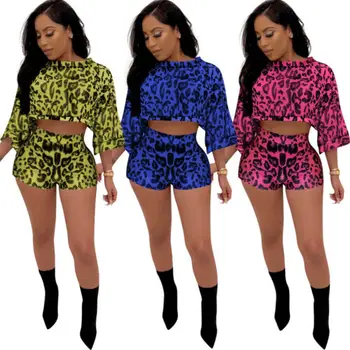 

2PCS Women 3/4 Sleeve Casual Summer Outfits Sets Fashion Crop Tops +High Waist Bottom Female Summer Loose Outfits Clothes
