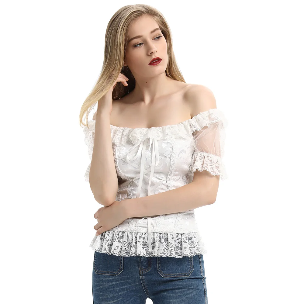 

Belle Poque Retro Women's Vintage Gothic T Shirt Basic Tee Renaissance Corset Style Short Sleeve Off Shoulder Lace-up Back Tops