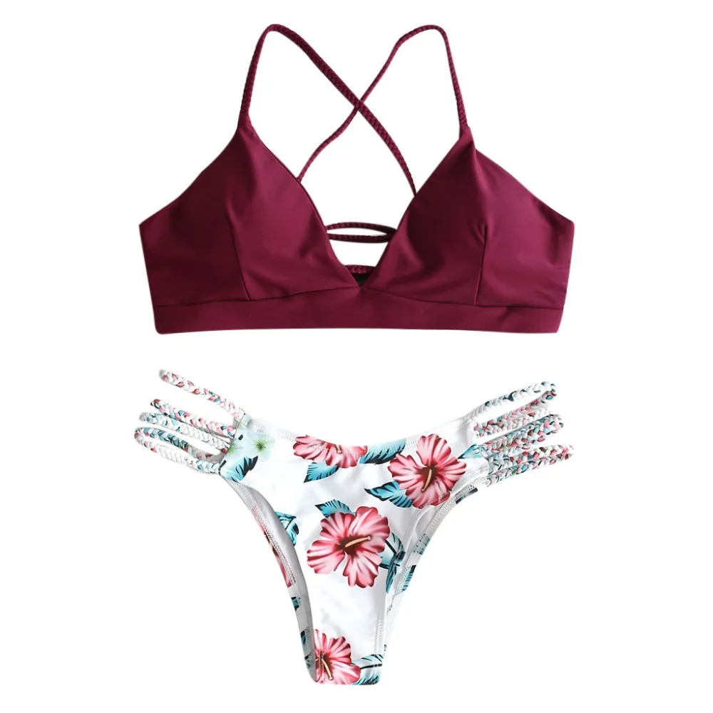 

AUSTINBEM Women's Bikini Set Cut Flower Print Two Piece Swimsuit Pushups Bandage Swimwear Beachwear Beach Bikini 2019 Mujer #M