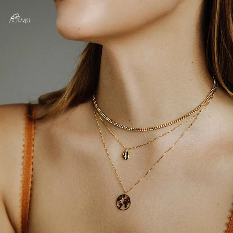 

AOMU 2019 Multilayer Metal Shell Pendant Geometric Round Necklace Vintage World Map Necklace Fashion Party Jewelry