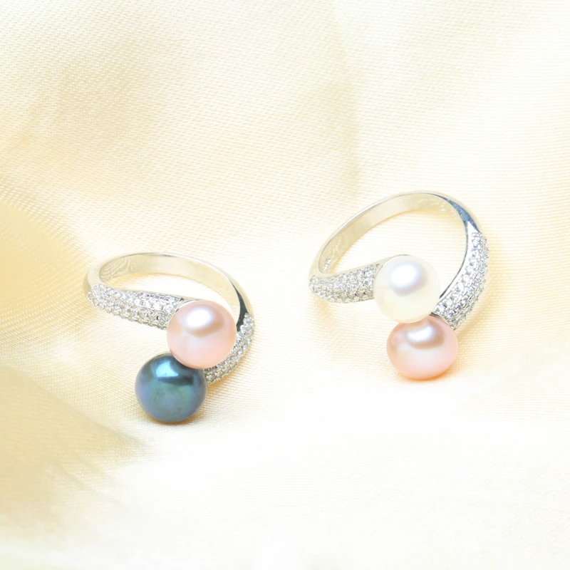 BaroqueOnly Natural Freshwater Pearl Jewelry 925 Sterling Silver TWO PEARL Rings For Women High Guality Zircon Wedding Gift silver ring wedding rings silver rings