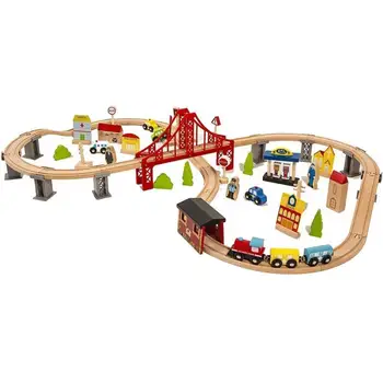 

70pcs/lot Wooden Train Assembly Set Children Fun Road Crossing Track Model with with engine coaches a bridge buildings vehicles