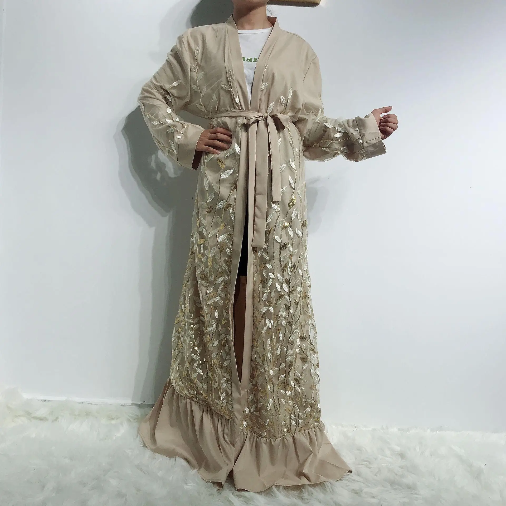 Блестки abaya Дубай длинное платье мусульманское платье для женщин jilбаб вечерние исламское женское платье макси открытое кимоно арабский кардиган платья Хиджаб - Цвет: Apricot