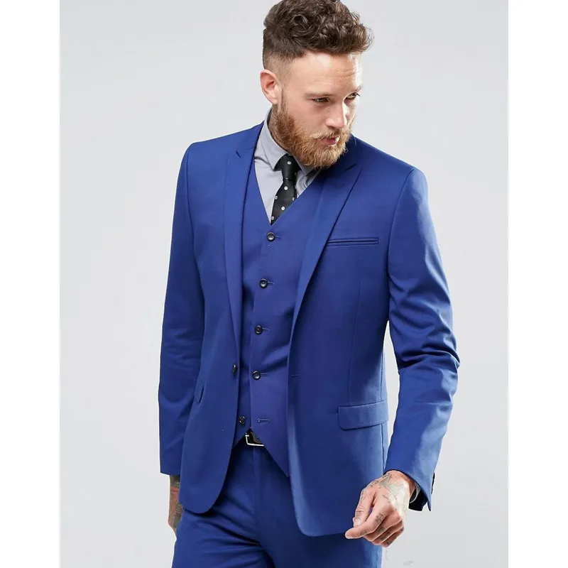 144-1 Blue Color Gentle Man Tuxedo Suits Real Image Handsome Groom Suits One Button Slim Fit Wedding Suit For Men (Jacket+Pants+Vest)