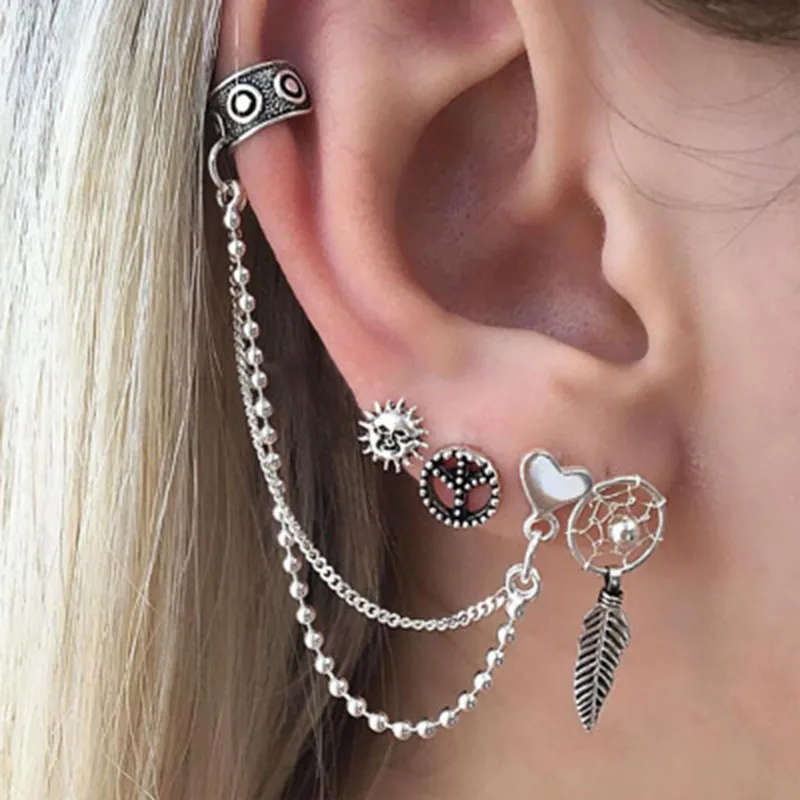 

4Pieces Punk Sun Leaf Love Chain Earrings Sets Style Silver Color Ethnic Bohemia Ear Clip Stud Earrings For Women Earrings