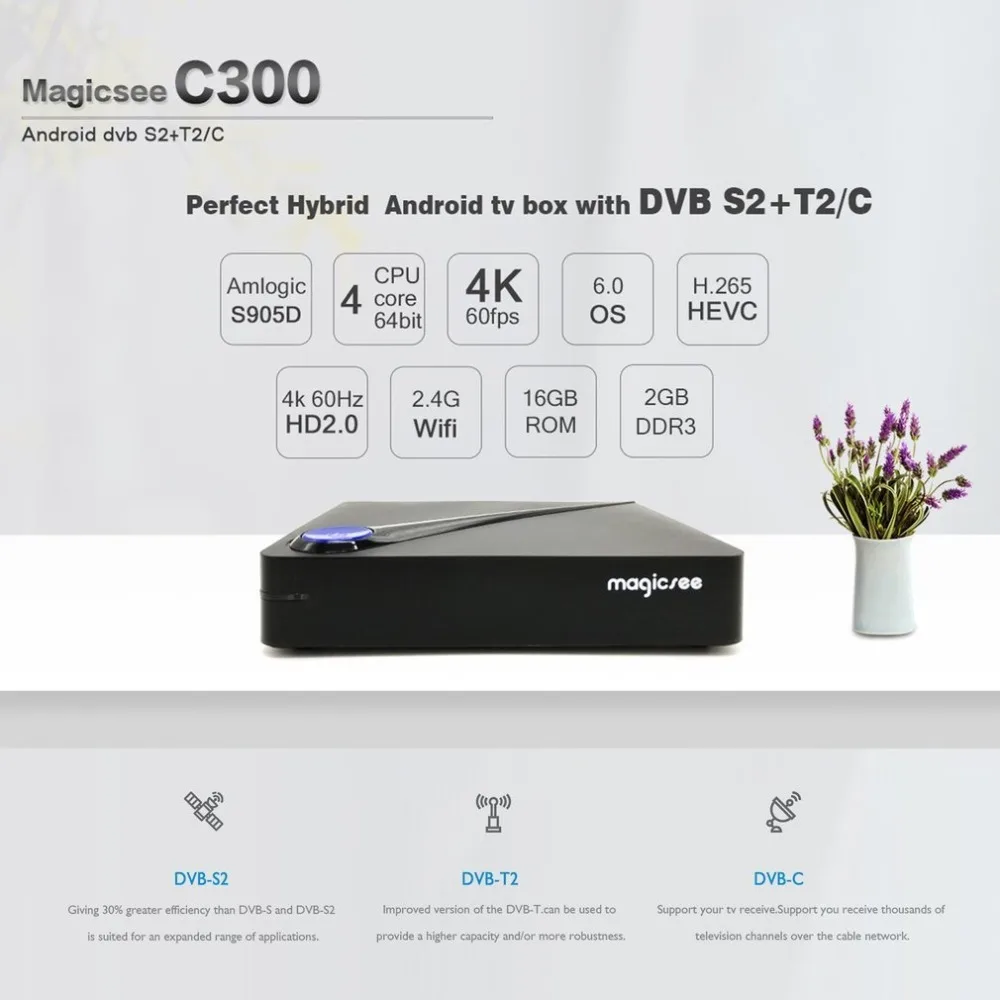 Magicsee C300 Amlogic S905D Quad-core 2 + 16 ГБ ТВ коробка DVB-T2 DVB-S2 кабель Декодер каналов кабельного телевидения Android 7,1 4 К Smart ТВ окно с клавиатурой