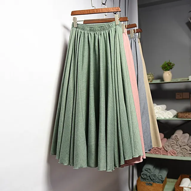 Women's Korean Style Pleated Long Skirt 2018 Autumn Winter Ladies Vintage High Waist Cotton