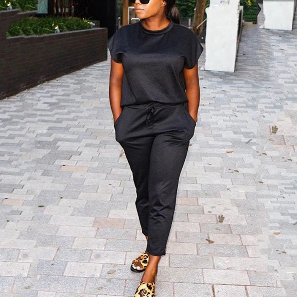 

Two Piece Sets Women 2019 Summer Tracksuit Short Sleeve Black Tops and Harem Pant Suit Set 2 Piece Suits Sports Outfits WDC1958