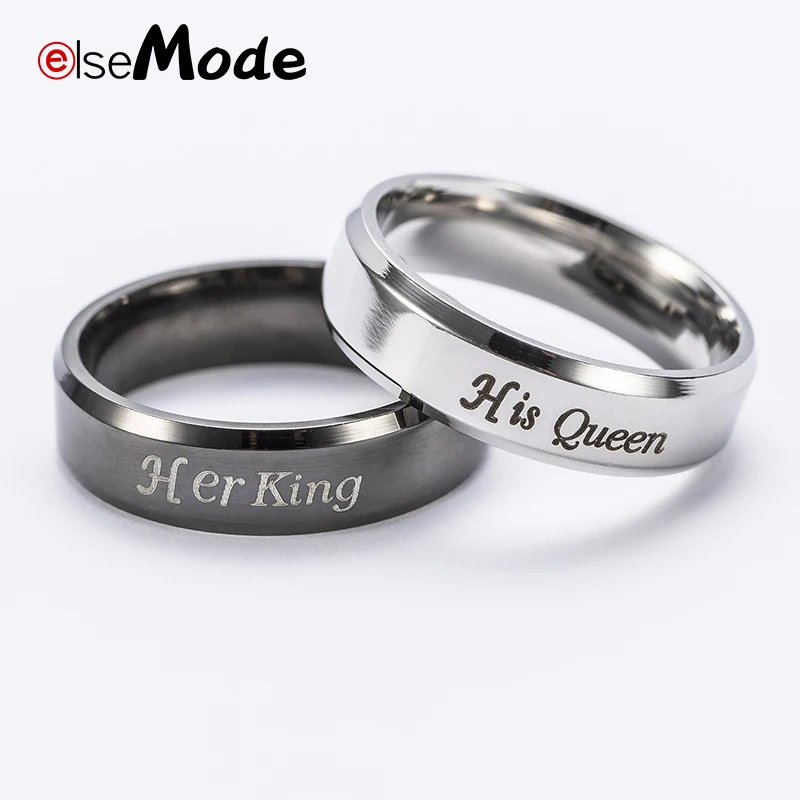 

ELSEMODE 6mm Stainless Steel Couple Wedding Rings Black Her King His Queen Couple Jewelry Anniversary Valentine's Day Gifts