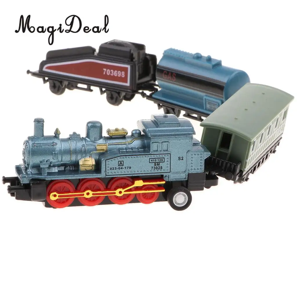 4Pcs Blue Mini Steam Train Set, 1 Locomotive Engine and 3 Railway Carriages, Kids Toddler Fun Toy Collectibles
