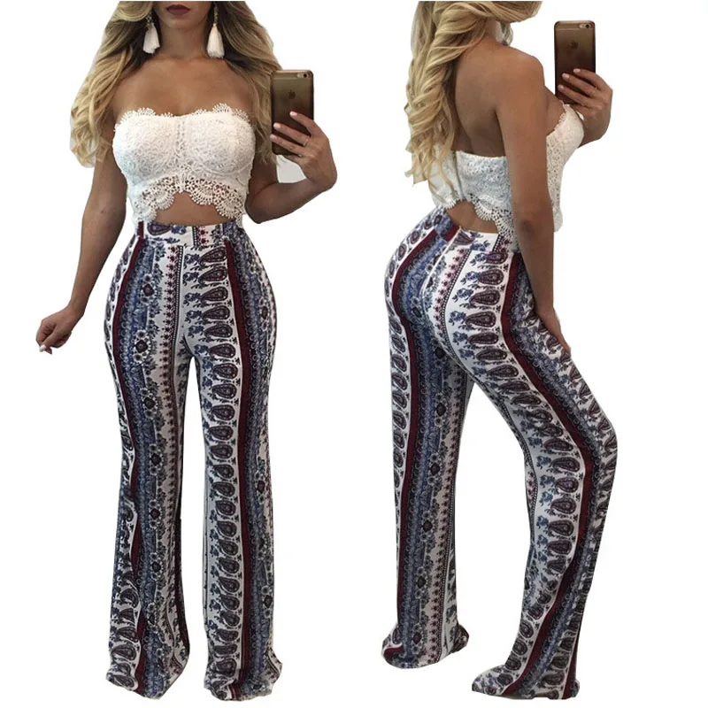 

2019 Occident Summer Wide Leg Pants Loose Print Bohemian Pattern Casual High-waist Streetwear Flare Pant Woman Long Pants Women