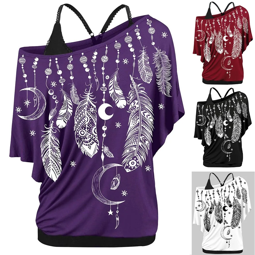 25 женская готическая модная футболка, Женская Повседневная футболка с круглым вырезом и принтом перьев, женские топы с коротким рукавом из двух частей
