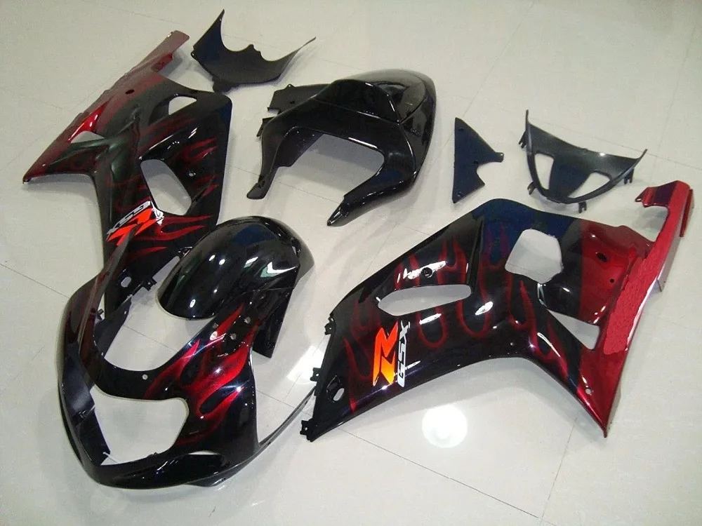 

9pcs/lot Black w/ Red Flame Complete Full Body Injection Fairings Kit Suit for 2001-2003 Suzuki GSXR 600 750 Molding Set