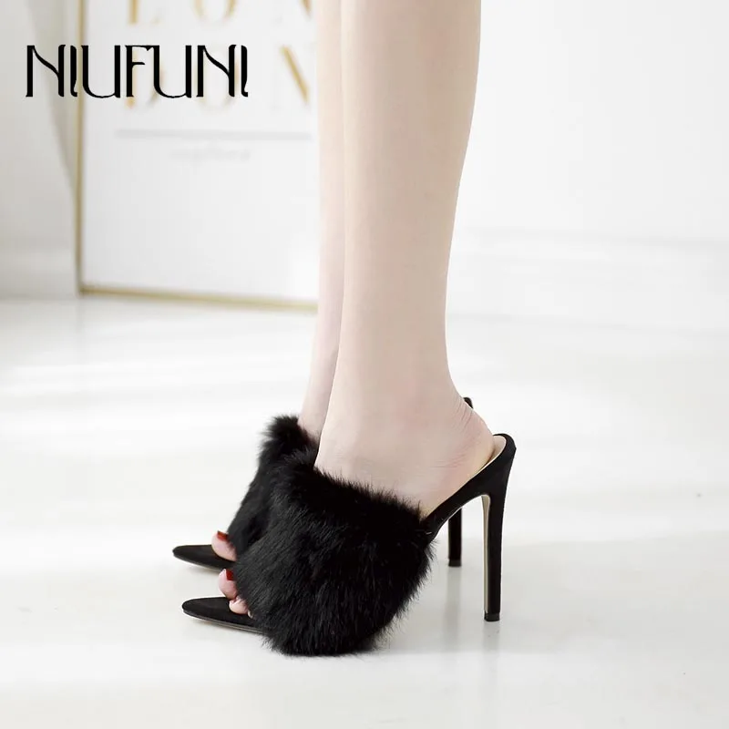 

Pointed Toe Stiletto Women's Sandals 2020 Summer New Real Rabbit Fur NIUFUNI Comfortable Slippers Casual High Heels Ladies Shoes