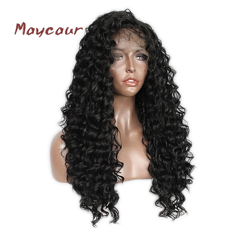 

Maycaur Long Curly Lace Front Wigs with Baby Hair Black Color Synthetic Lace Wigs with Baby Hair Heat Resistant