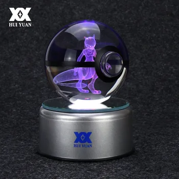 

3D Crystal Ball Go Light Glass Ball Engraving Round With Black Line Ball LED Colorful Base for Pokemon Mewtwo Child's Gift
