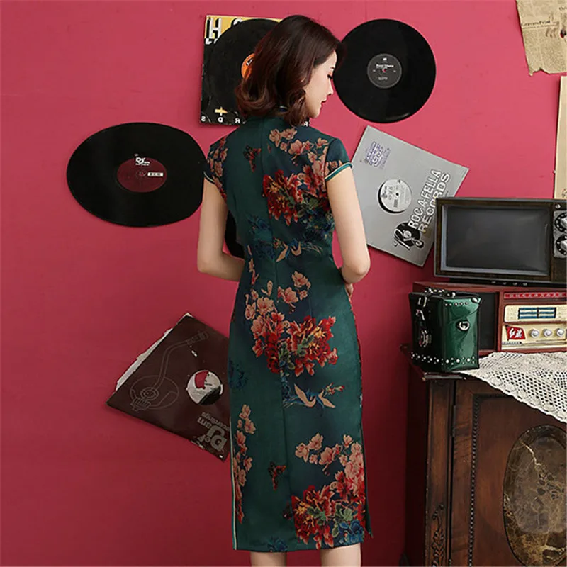 Красное китайское традиционное женское платье сексуальное с цветочным принтом атласное Qipao элегантное с коротким рукавом Чонсам Новинка Vestidos