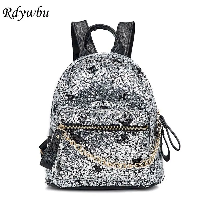 

Rdywbu Glitter Sequins Metal Chain Stars Backpack Women's Fashion PU Leather Travel Bag Girls School Bag Rucksack Mochilas B629