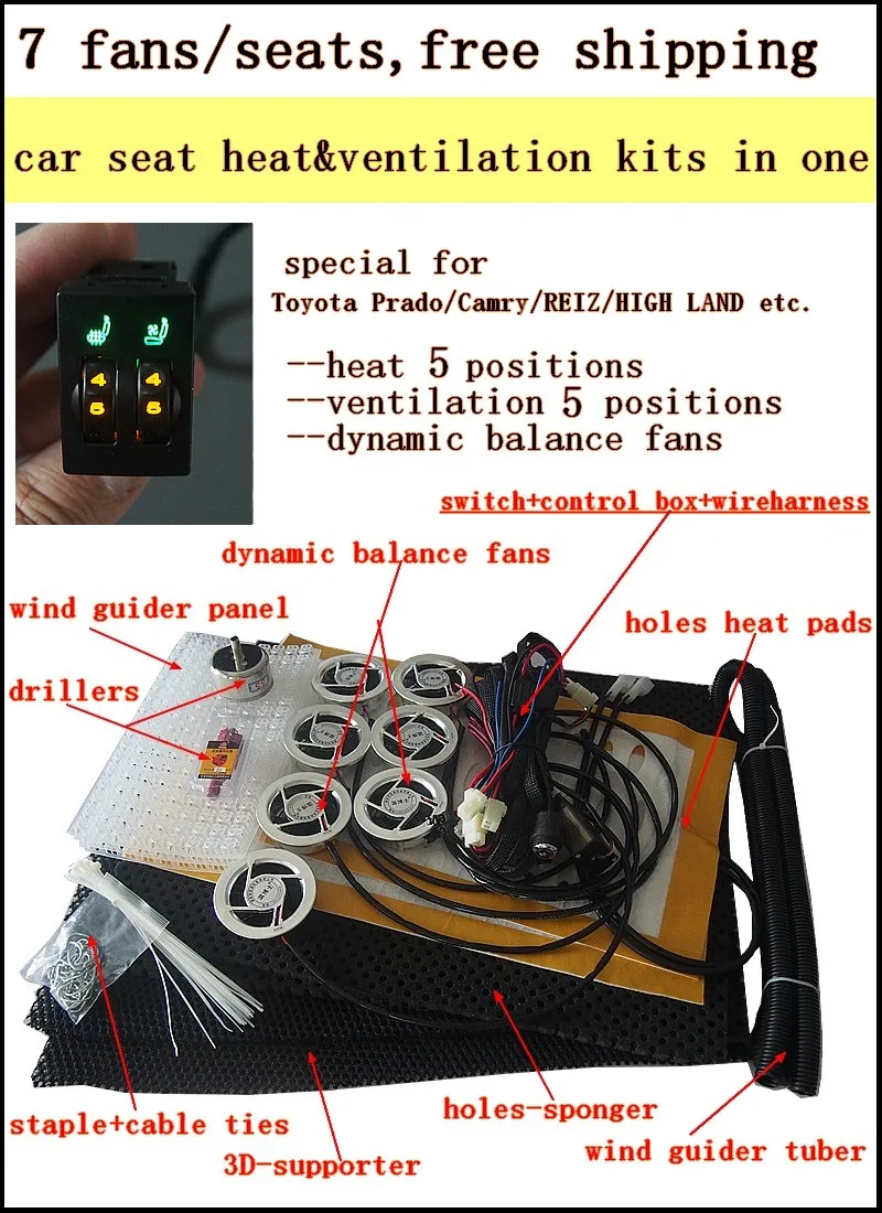 

7 fans/ seat,car seat heat&ventilation kits in one for Toyota Prado/Camry/REIZ/HIGHLAND,with dynamic balance fans