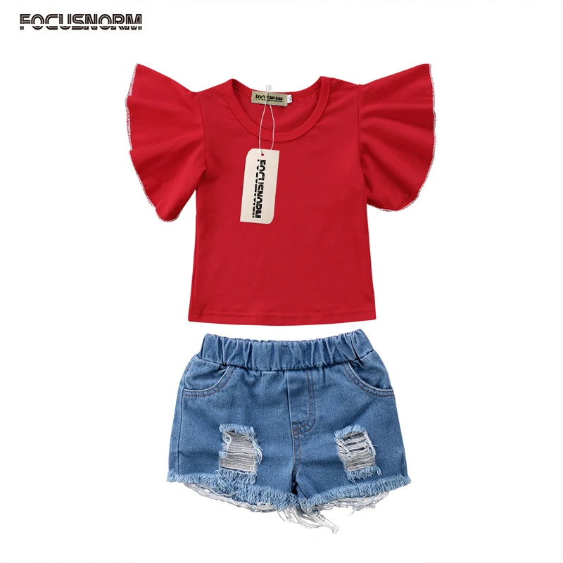 

Newborn Infant Baby Girls Fashion Summer 2PCS Sets Short Petal Sleeve Pullover Red Solid T-Shirts Tops Denim Hole Blue Shorts