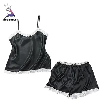 

DOUDOULU 2019 Womens Sexy Satin Sling Sleepwear Lingerie Lace Bowknot Nightdress Underwear Pajama Sets mujer femme #WS