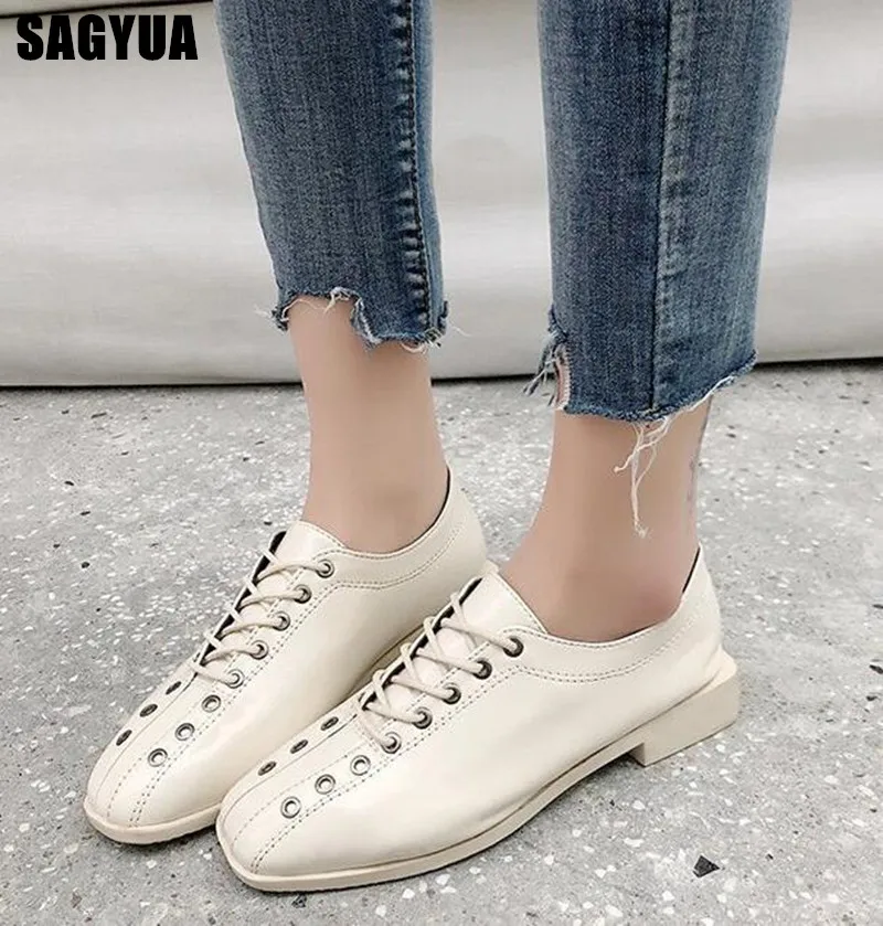 

2019 Spring New Designer Casual Shoes women Flat Platform shoes Square head Lace up Ladies PU leather Leisure Oxford shoes A205