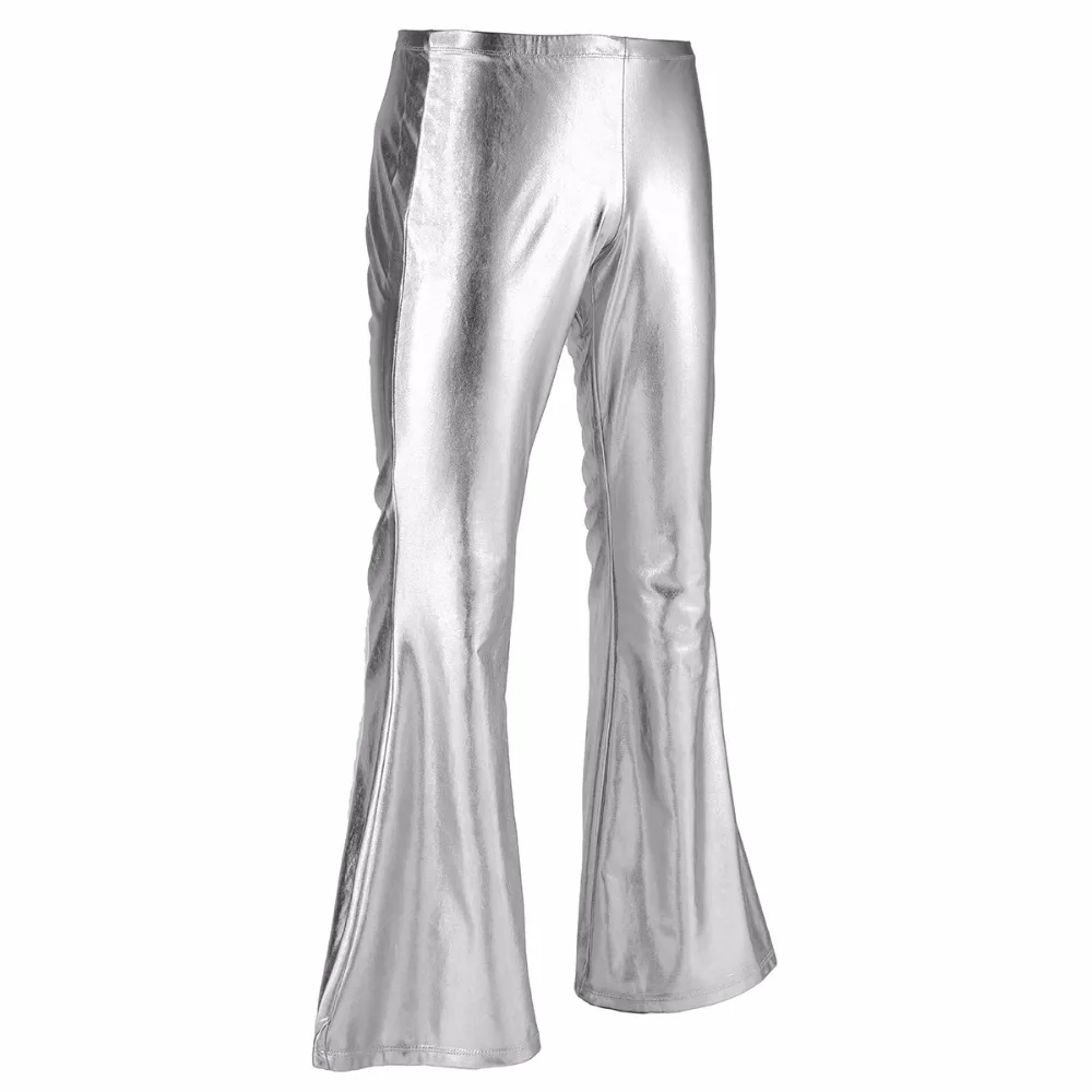 Adult Mens Fashion Shiny Metallic Holographic Pants with Bell Bottom Flared Disco Long Pants Dude Costume Trousers