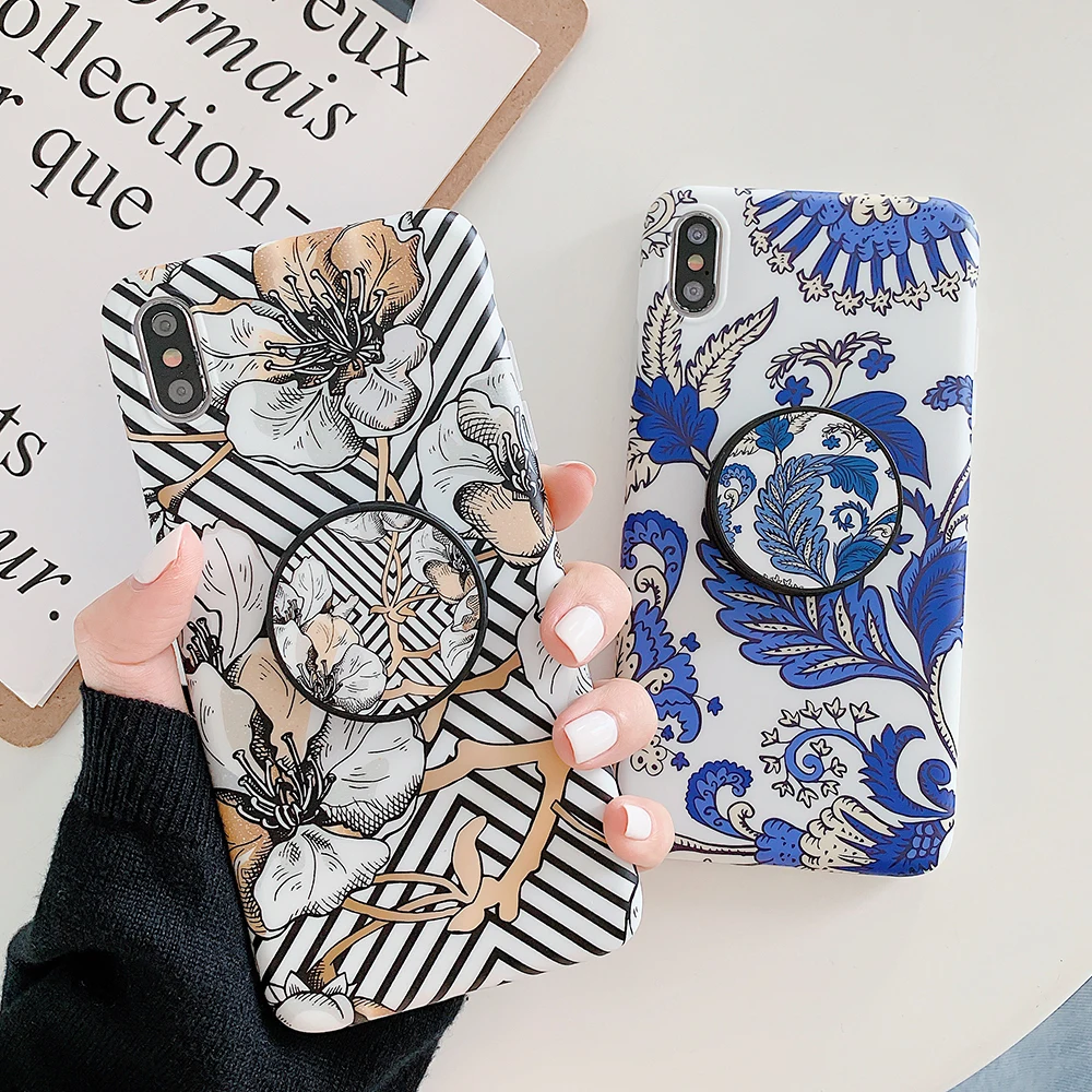 

SUYACS Retro Floral Case Foldable Stand Holder Cover For iPhone XS Max XR 7 8 Plus Soft Touch Screen Protector Smooth IMD Cover